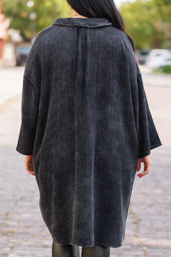 Chic Soul plus size clothing, black buttoned and textured tunic at knee length