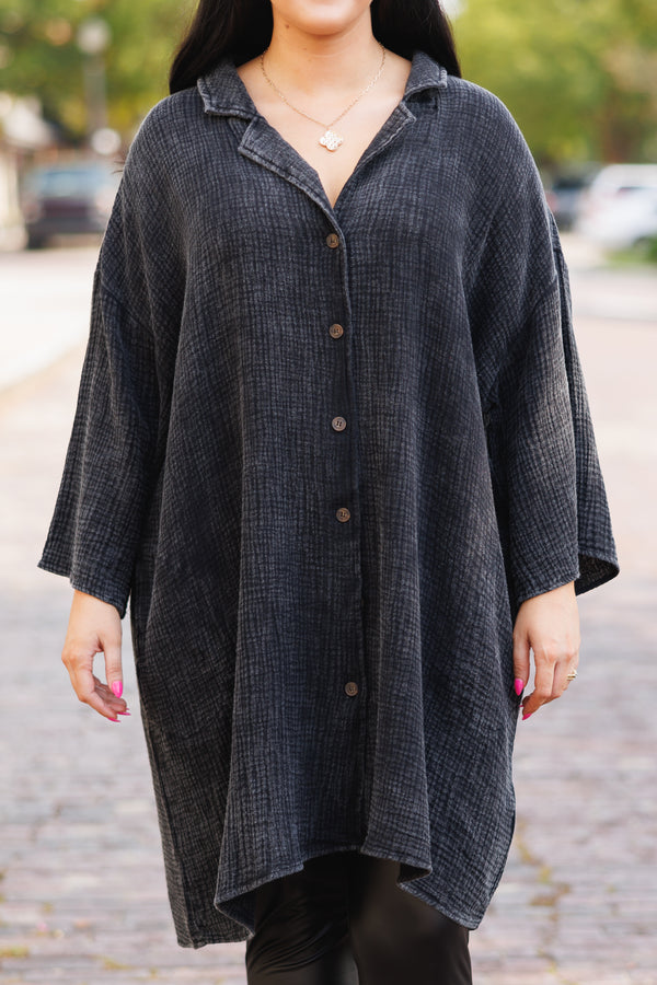 Chic Soul plus size clothing, black buttoned and textured tunic at knee length