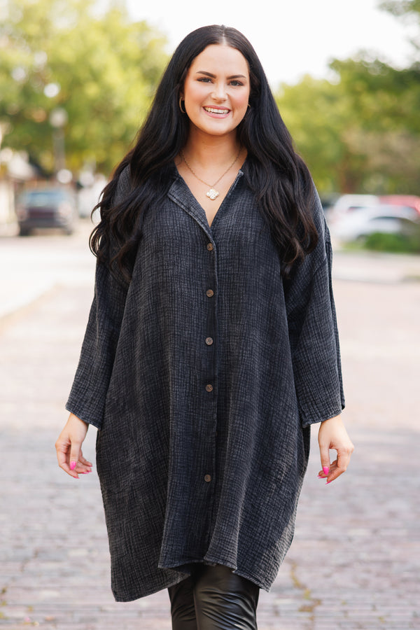 Chic Soul plus size clothing, black buttoned and textured tunic at knee length