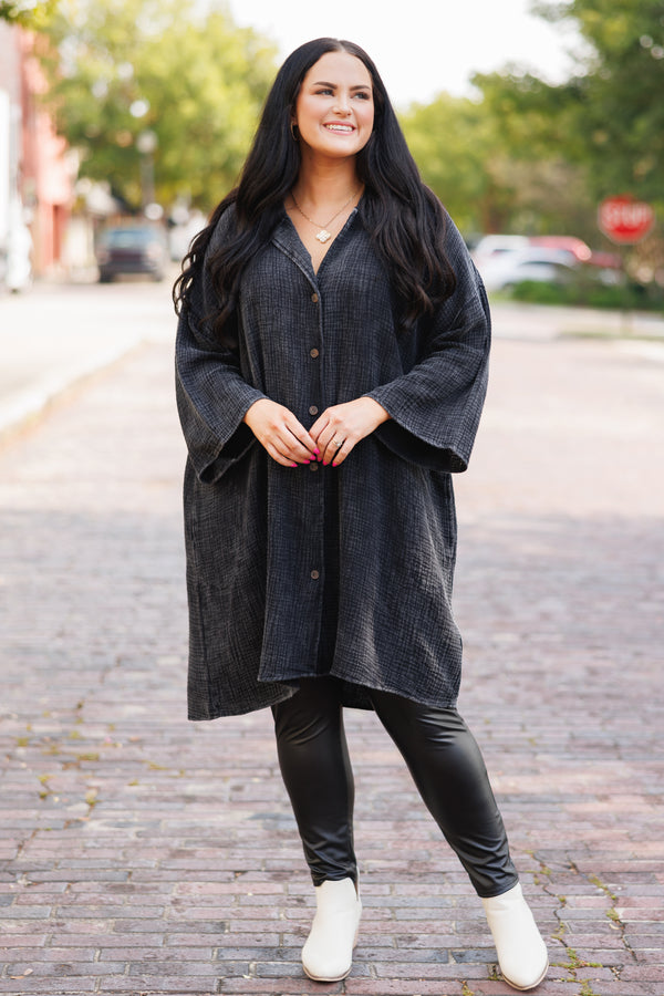 Chic Soul plus size clothing, black buttoned and textured tunic at knee length