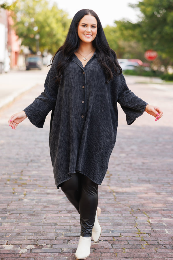 Chic Soul plus size clothing, black buttoned and textured tunic at knee length