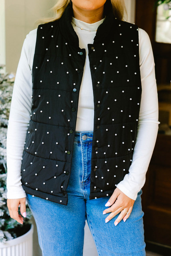 Chic Soul plus size clothing, black and white polka dot puff sleeve zip up puffer vest