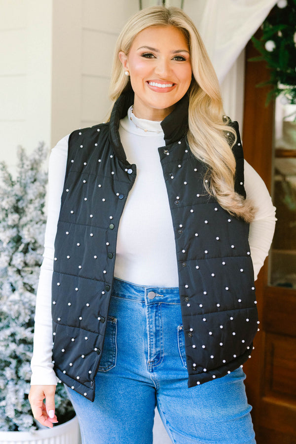 Chic Soul plus size clothing, black and white polka dot puff sleeve zip up puffer vest
