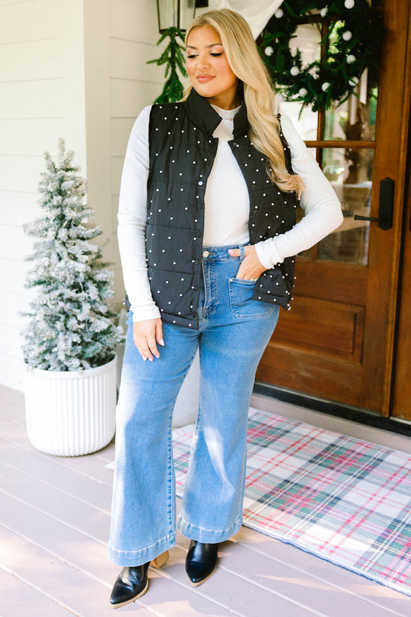 Chic Soul plus size clothing, black and white polka dot puff sleeve zip up puffer vest