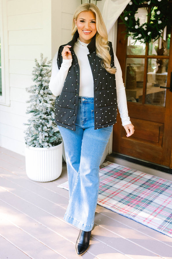 Chic Soul plus size clothing, black and white polka dot puff sleeve zip up puffer vest