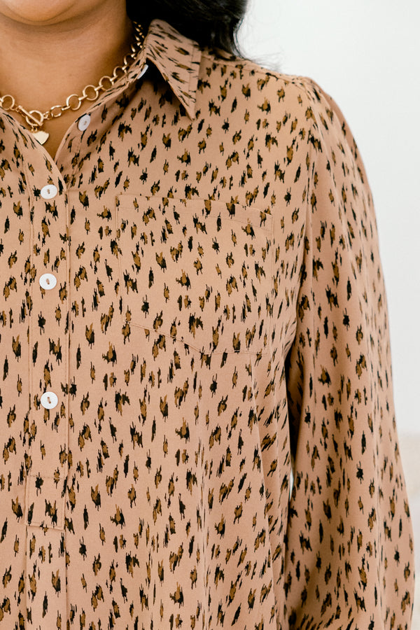 Chic Soul plus size clothing, light brown leopard print long sleeve button up tunic dress with a collar and ruffle hem