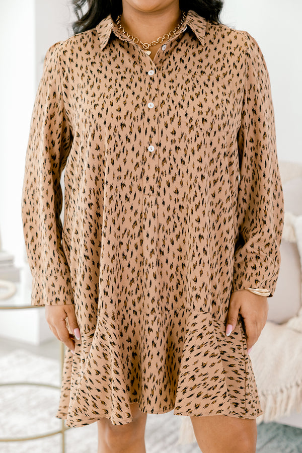 Chic Soul plus size clothing, light brown leopard print long sleeve button up tunic dress with a collar and ruffle hem