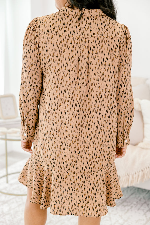 Chic Soul plus size clothing, light brown leopard print long sleeve button up tunic dress with a collar and ruffle hem