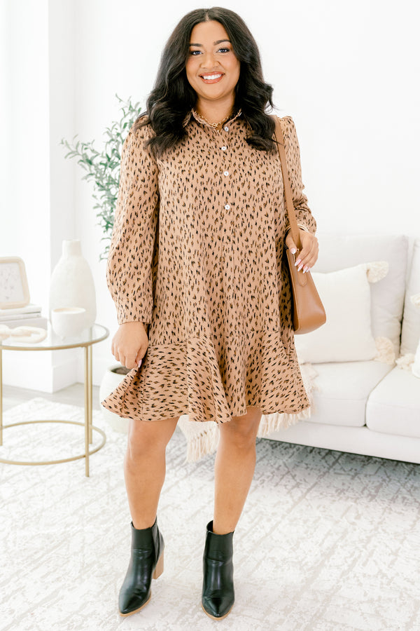 Chic Soul plus size clothing, light brown leopard print long sleeve button up tunic dress with a collar and ruffle hem