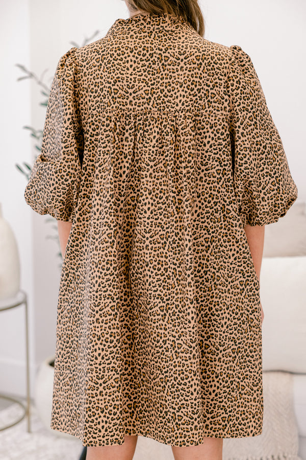 Chic Soul plus size clothing, brown leopard print A-line swing dress with short puff sleeves 