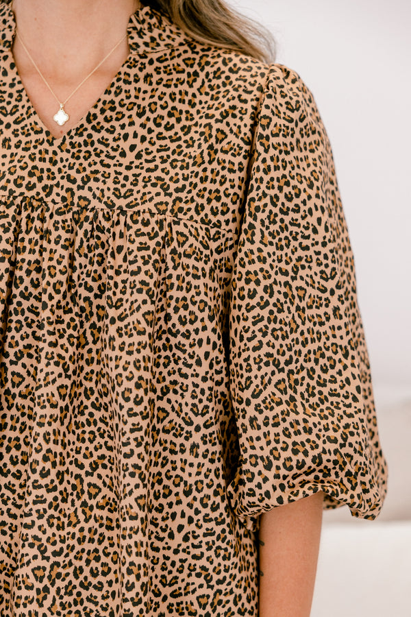 Chic Soul plus size clothing, brown leopard print A-line swing dress with short puff sleeves 