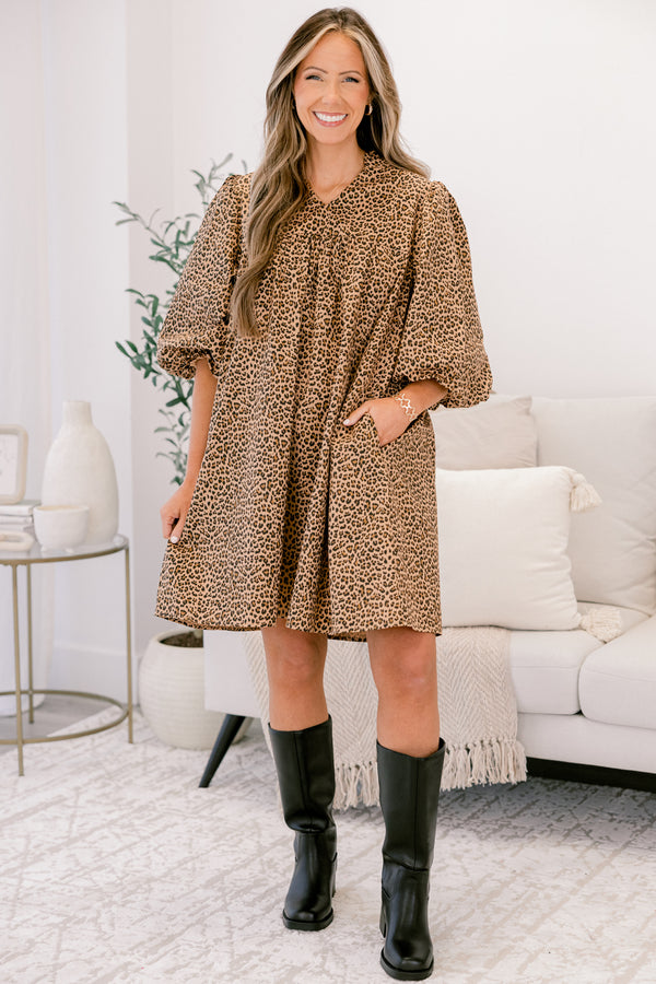 Chic Soul plus size clothing, brown leopard print A-line swing dress with short puff sleeves 