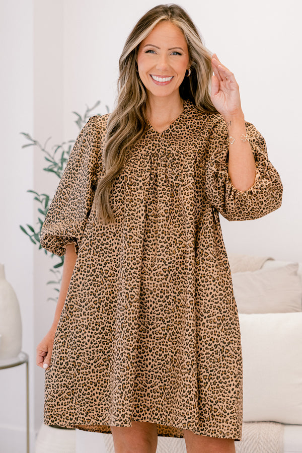 Chic Soul plus size clothing, brown leopard print A-line swing dress with short puff sleeves 