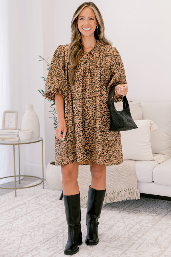 Chic Soul plus size clothing, brown leopard print A-line swing dress with short puff sleeves 