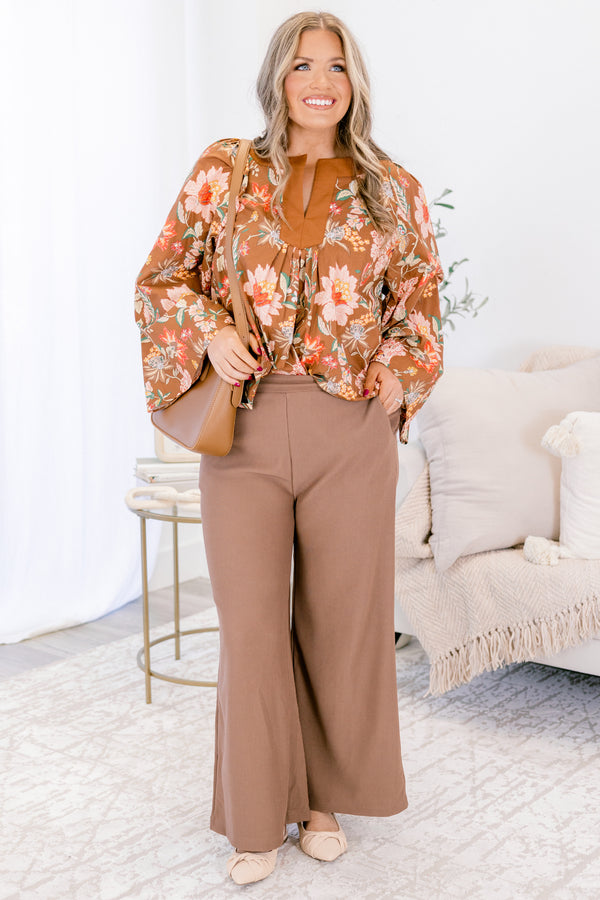 Chic Soul plus size clothing, brown straight wide leg pants 
