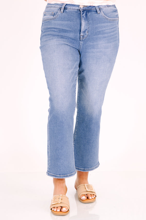 Chic Soul plus size clothing, medium wash mid rise crop flare jeans
