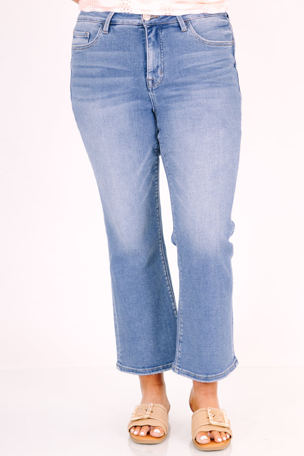 Chic Soul plus size clothing, medium wash mid rise crop flare jeans