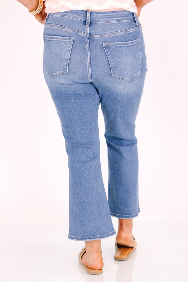 Chic Soul plus size clothing, medium wash mid rise crop flare jeans