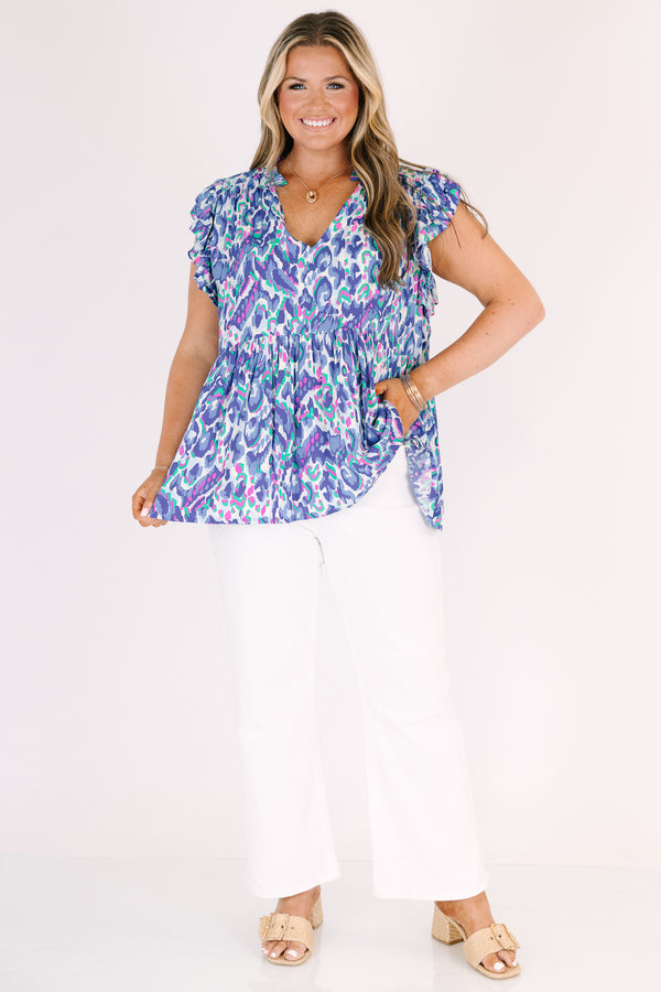 Chic Soul plus size clothing, short-flutter-sleeve blue flowy baby doll top with a v-neckline and an abstract blue multi-colored print 