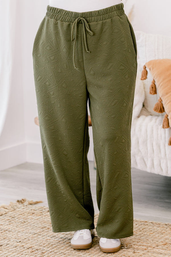 Chic Soul plus size clothing, green pants with a geometric pattern and a draw string waistband 