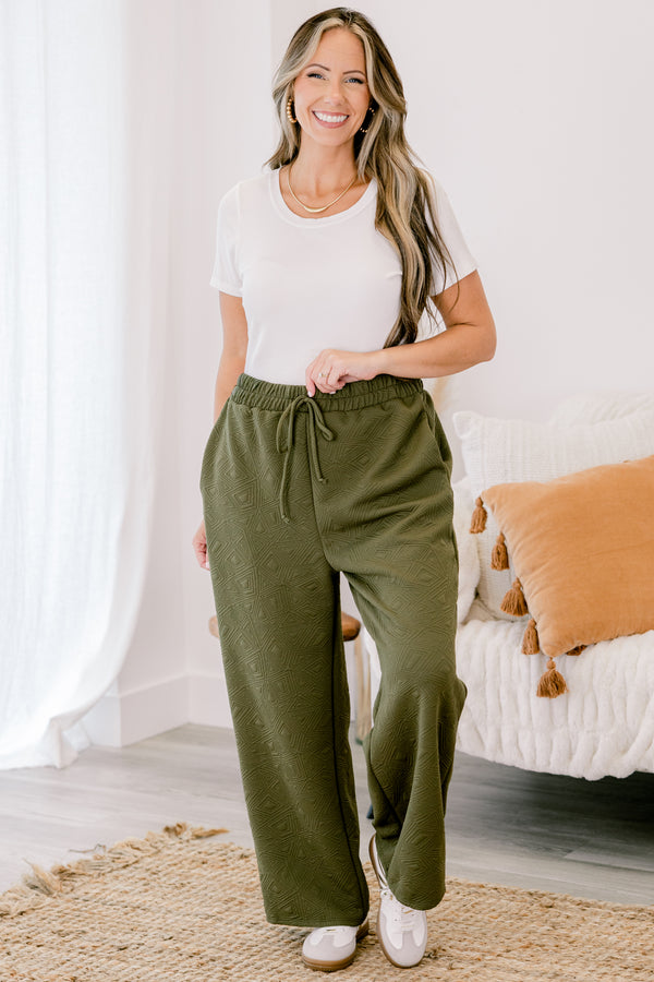 Chic Soul plus size clothing, green pants with a geometric pattern and a draw string waistband 