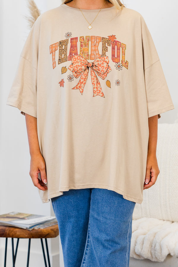 Chic Soul plus size clothing, light mocha short sleeve boyfriend tee with 