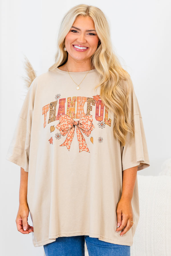 Chic Soul plus size clothing, light mocha short sleeve boyfriend tee with 