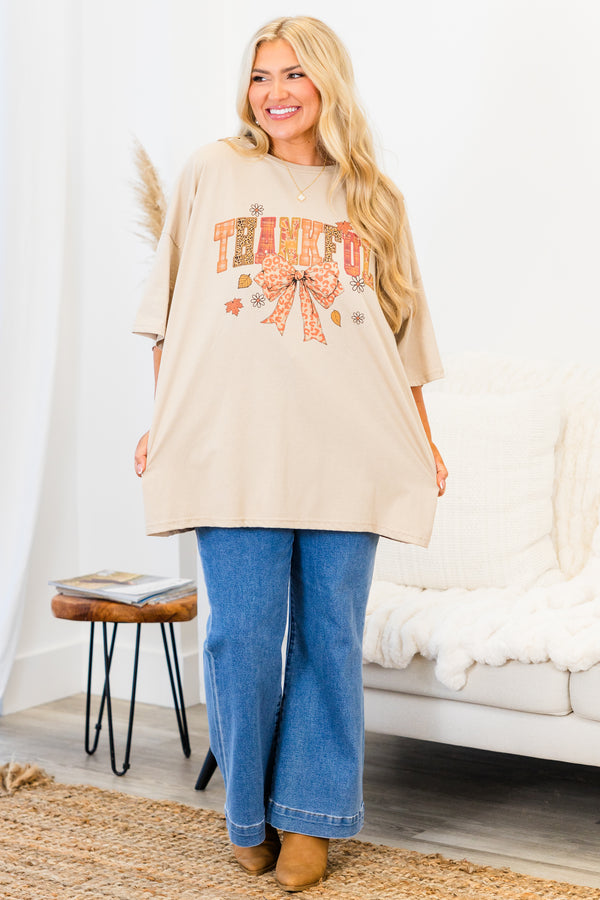 Chic Soul plus size clothing, light mocha short sleeve boyfriend tee with 