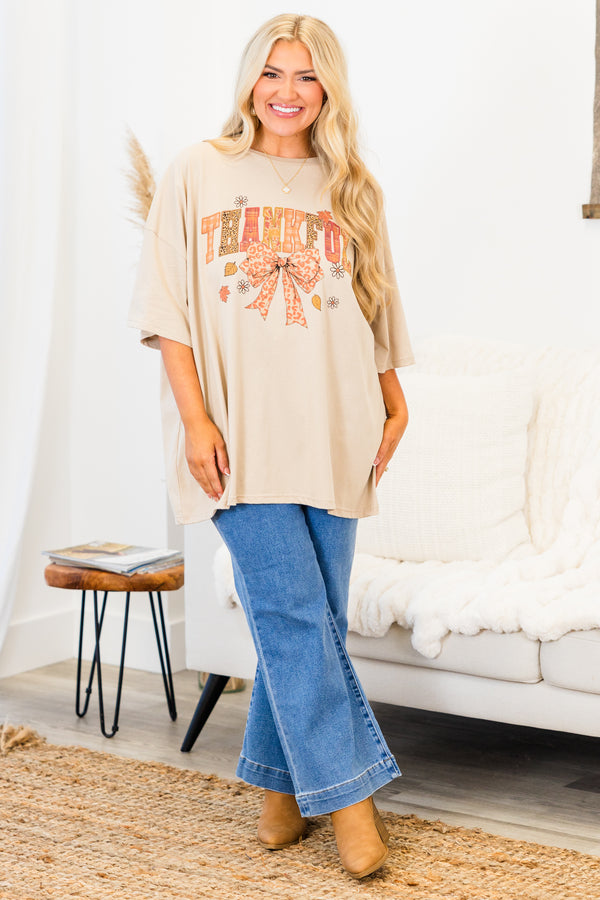 Chic Soul plus size clothing, light mocha short sleeve boyfriend tee with 