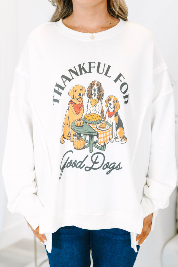 Plus size ivory cotton crewneck sweatshirt with a 'Thankful for Good Dogs' graphic.