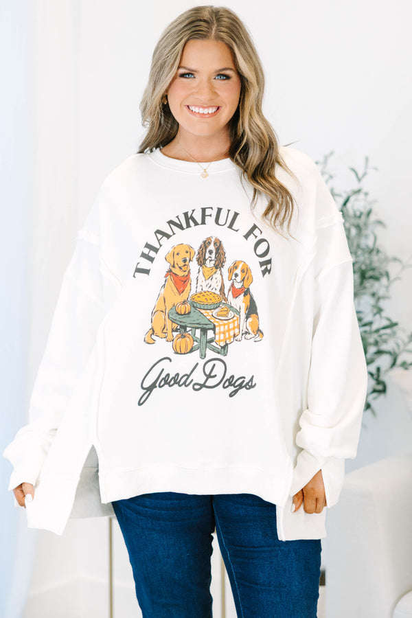 Plus size ivory cotton crewneck sweatshirt with a 'Thankful for Good Dogs' graphic.