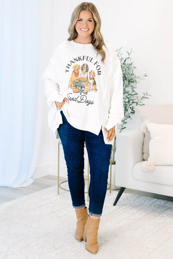 Plus size ivory cotton crewneck sweatshirt with a 'Thankful for Good Dogs' graphic.