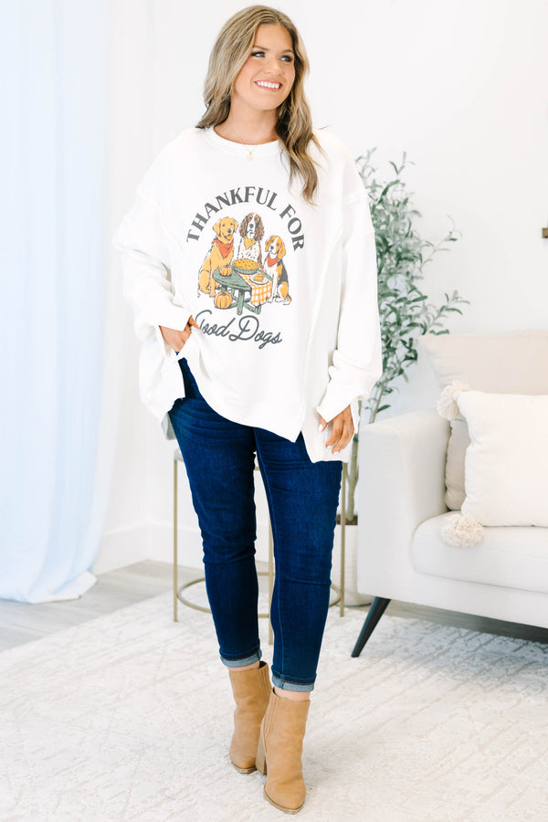 Plus size ivory cotton crewneck sweatshirt with a 'Thankful for Good Dogs' graphic.