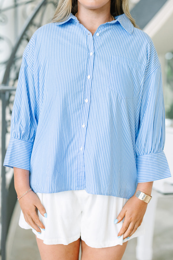 Plus Size blue and white vertical striped button-down shirt with long cuffed sleeves.