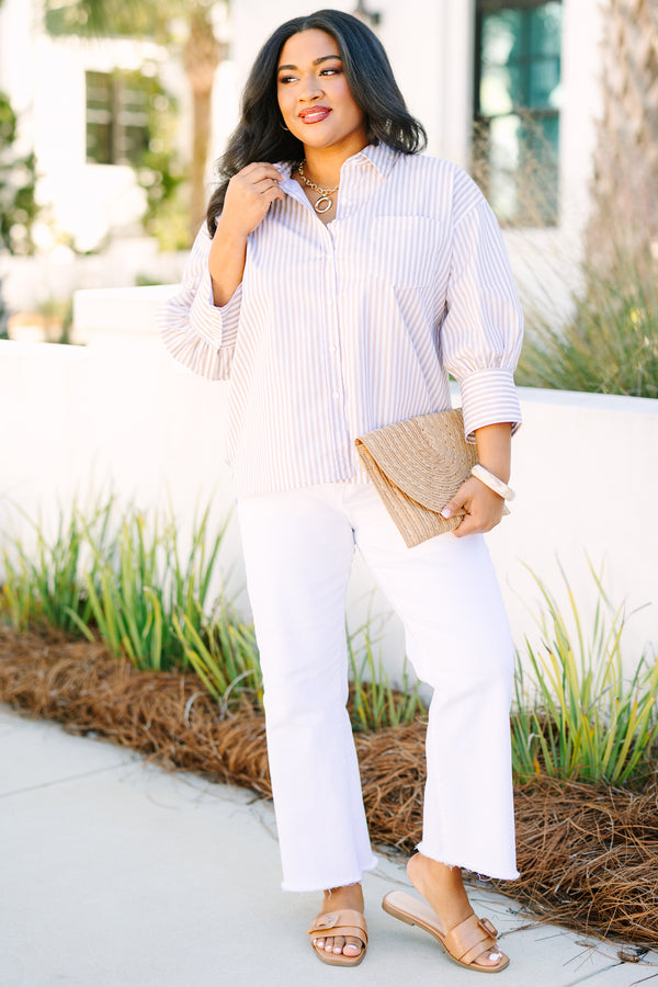 Chic Soul plus size clothing, light brown vertical stripe button up collar top