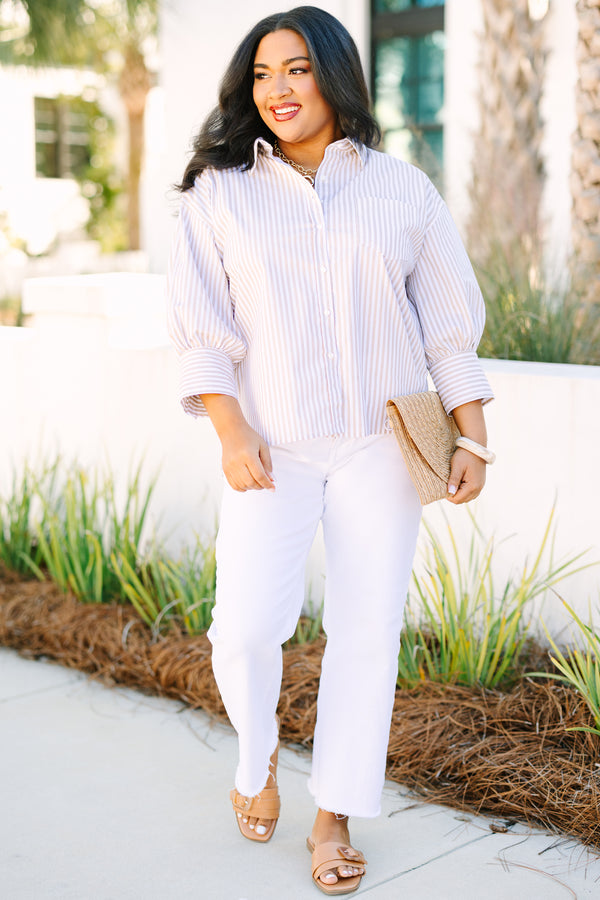 Chic Soul plus size clothing, light brown vertical stripe button up collar top