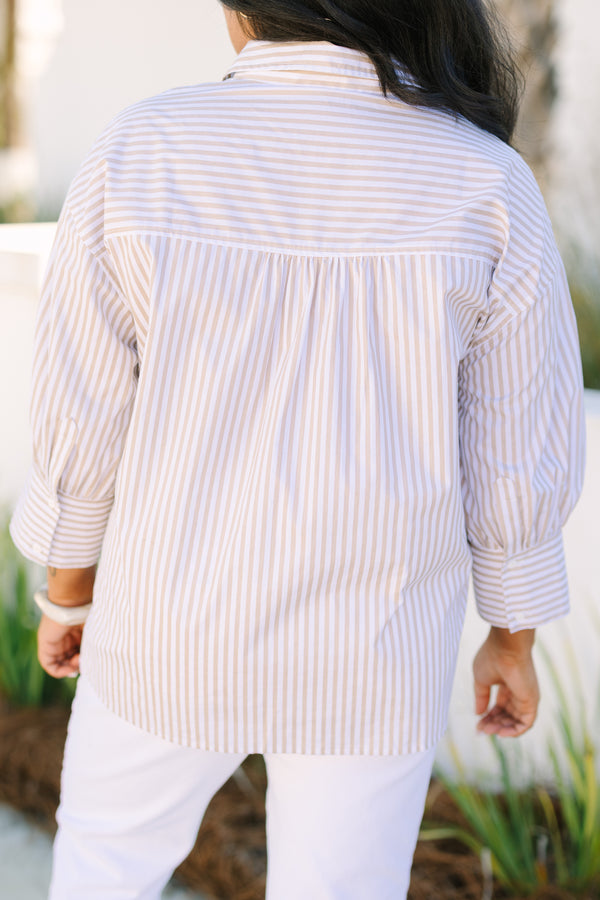 Chic Soul plus size clothing, light brown vertical stripe button up collar top
