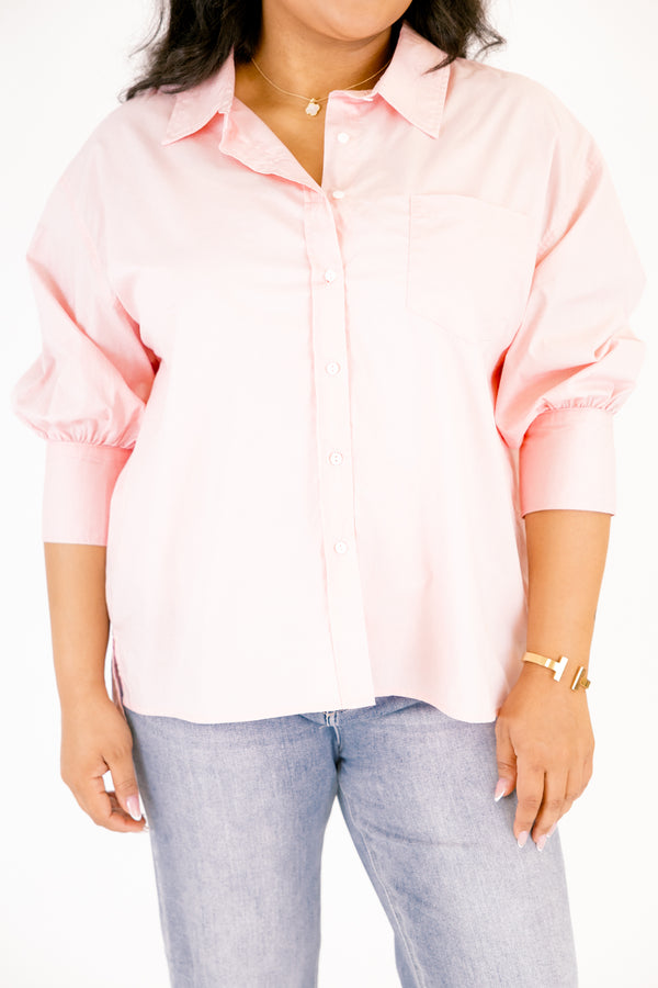 Chic Soul plus size clothing, pink button-up top with a v-neckline collar and half sleeves that have cuffs at the bottom of each sleeve 