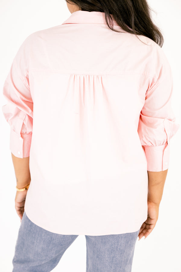 Chic Soul plus size clothing, pink button-up top with a v-neckline collar and half sleeves that have cuffs at the bottom of each sleeve 