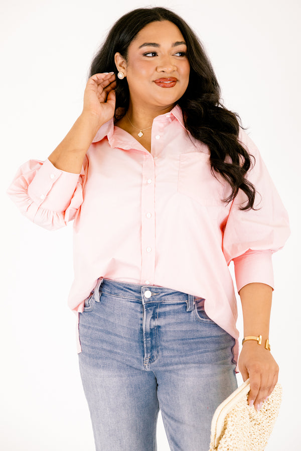 Chic Soul plus size clothing, pink button-up top with a v-neckline collar and half sleeves that have cuffs at the bottom of each sleeve 