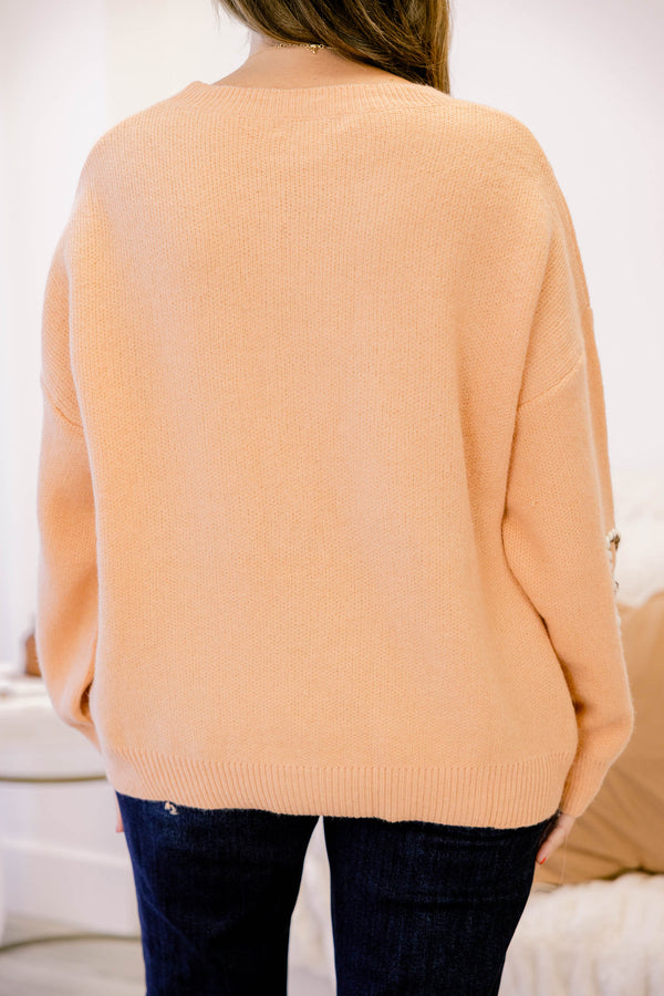 Chic Soul plus size clothing, light orange long sleeve sweater with brown and white embroidered flowers