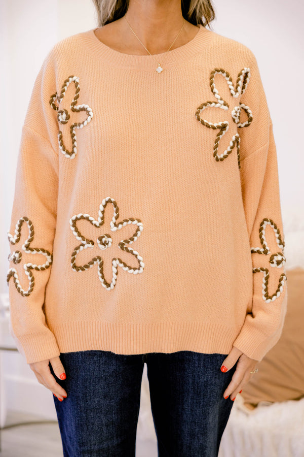 Chic Soul plus size clothing, light orange long sleeve sweater with brown and white embroidered flowers