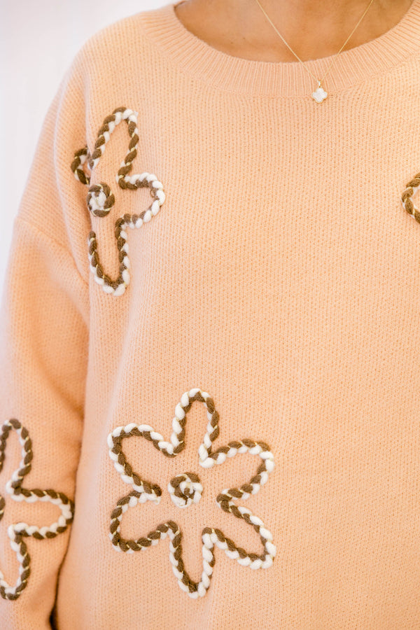 Chic Soul plus size clothing, light orange long sleeve sweater with brown and white embroidered flowers