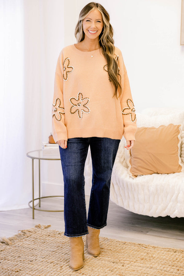 Chic Soul plus size clothing, light orange long sleeve sweater with brown and white embroidered flowers