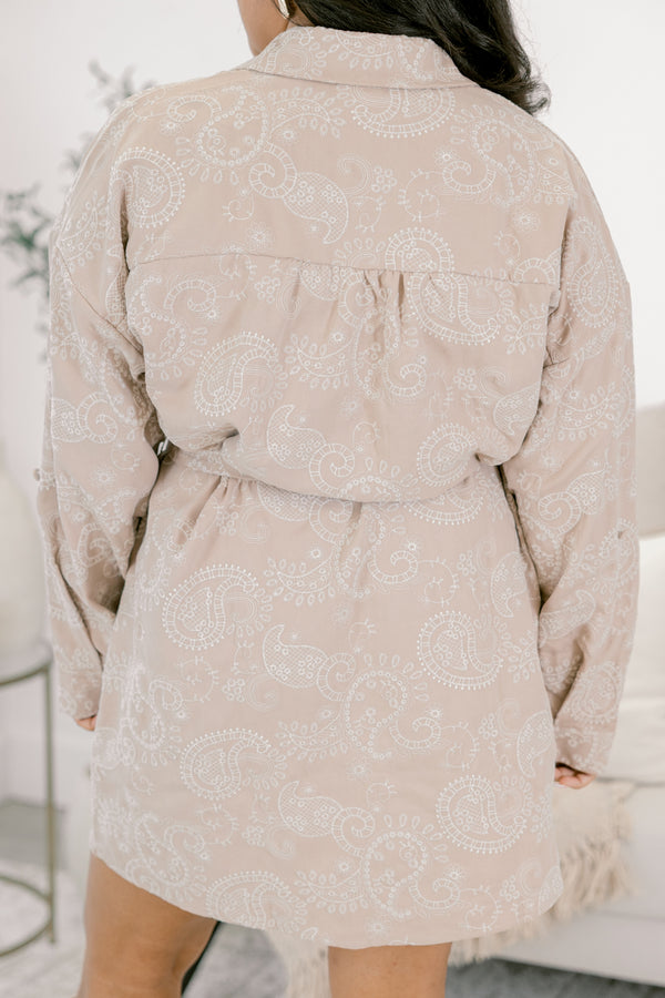 Chic Soul plus size clothing, long sleeve short beige dress with a belt, collar, buttons and white embroidery