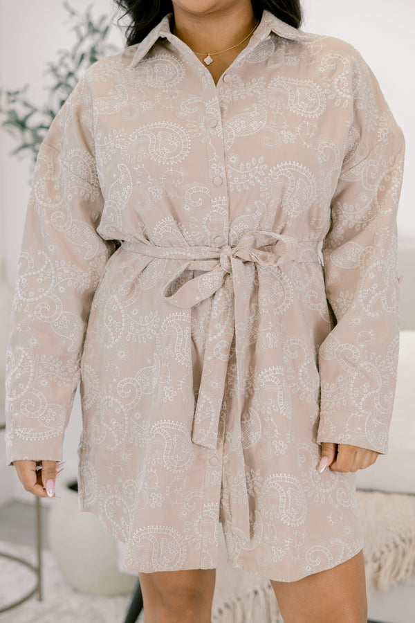 Chic Soul plus size clothing, long sleeve short beige dress with a belt, collar, buttons and white embroidery