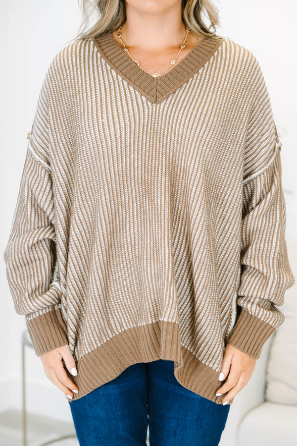 Plus size long sleeve brown and white textured stripe sweater