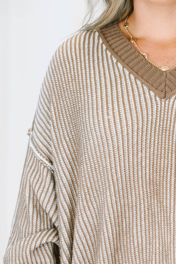 Plus size long sleeve brown and white textured stripe sweater