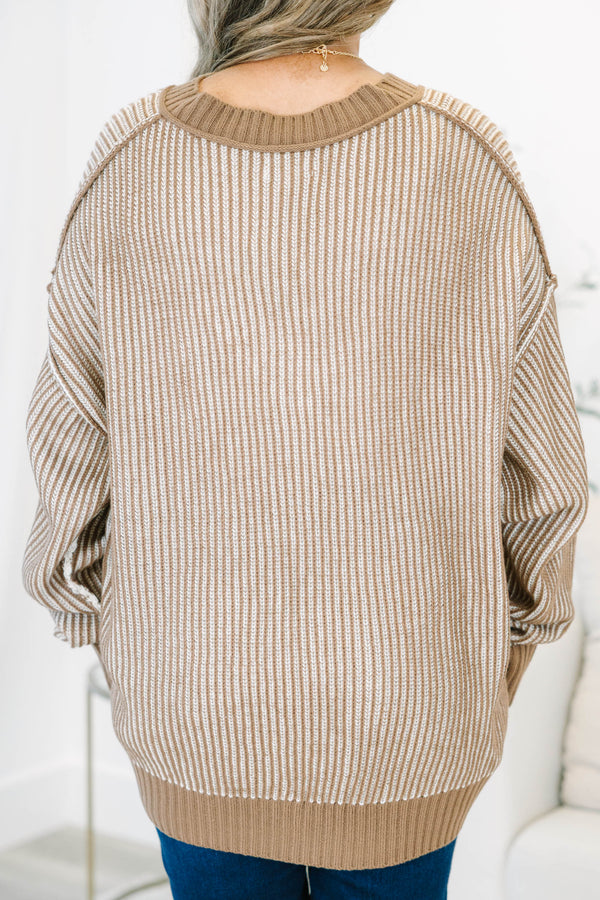 Plus size long sleeve brown and white textured stripe sweater
