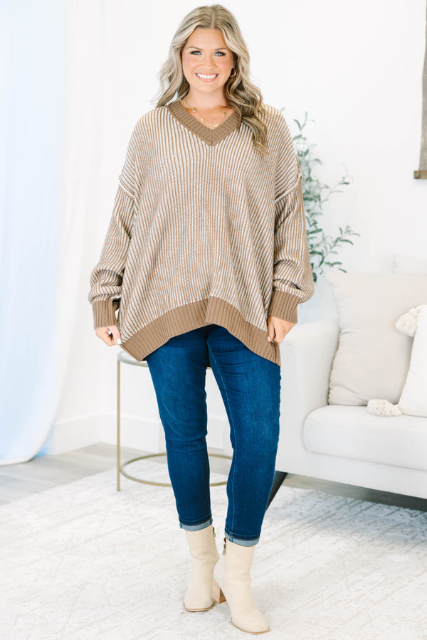 Plus size long sleeve brown and white textured stripe sweater
